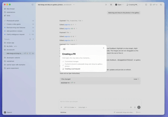 OpenAI发布桌面版本的编程助手:Codex app,图形化界面简洁美观,但目前仅支持mac os,用户可以限时免费使用Codex一个月