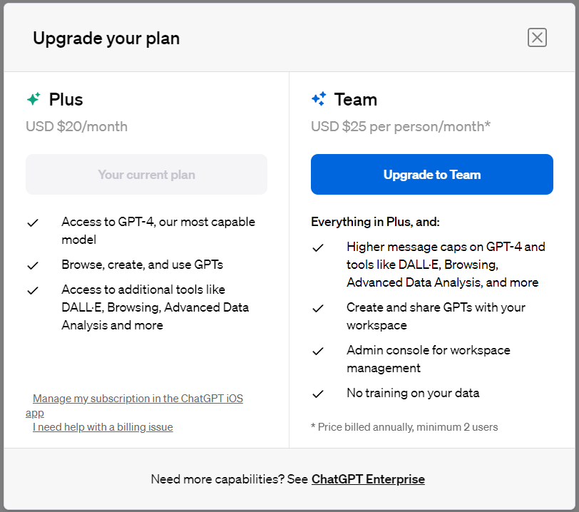 OpenAI正式开放ChatGPT Team订阅计划，价格每个月贵25%，更多的GPT-4，附ChatGPT付费计划对比
